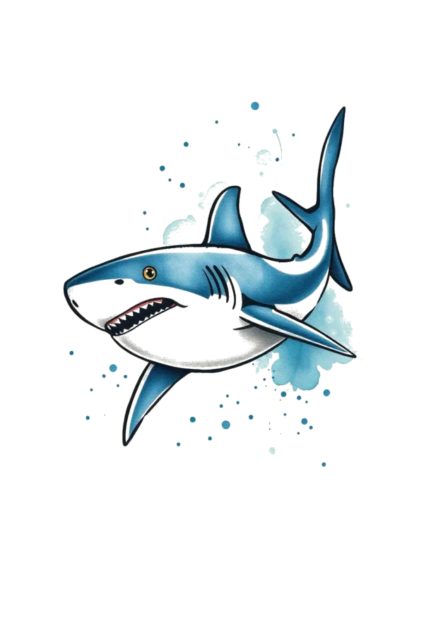 Vibrant temporary temporary tattoo design featuring a blue and white shark at the center, facing right. The shark's body is predominantly blue with white accents on its head and tail, showcasing sharp teeth with an open mouth. Detailed fins and a visible tail fin