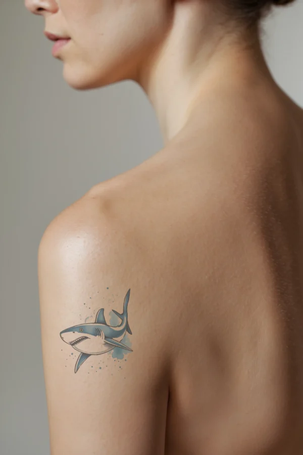 A profile view of a person showcasing a vibrant temporary temporary tattoo on their shoulder. The temporary tattoo depicts a detailed shark in shades of blue and white, facing right. The shark’s body features rich blue tones with white accents on its head and tail, and its