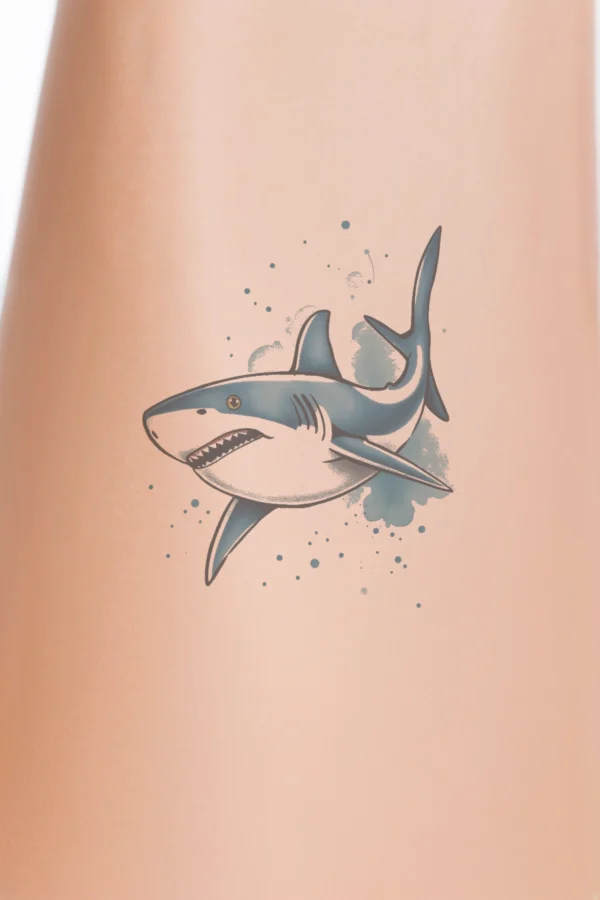 A vibrant temporary temporary tattoo featuring a blue and white shark illustrated in detail. The shark, facing right, has an open mouth with sharp teeth and prominent fins. Its body is predominantly blue with white accents on the head and tail, surrounded by a dynamic splash