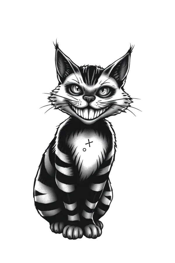 A black and white temporary temporary tattoo design featuring a mischievous cat with wide eyes and a slightly open mouth. The cat, sitting with its visible paws, displays a distinctive striped pattern on its fur, which is detailed with lines and shading for a realistic
