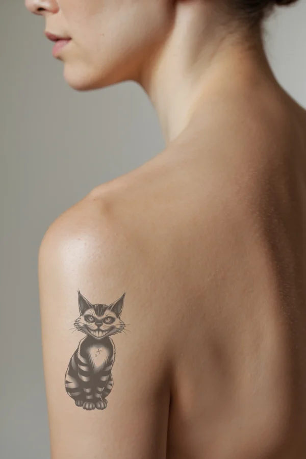 Temporary temporary tattoo featuring a detailed black and white illustration of a mischievous cat in profile on a person's shoulder. The cat has wide eyes and a slightly open mouth, exuding a sly expression. Its body displays distinct stripes, and its detailed fur is