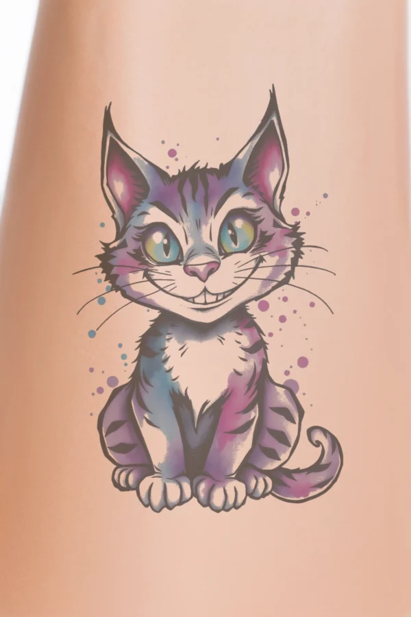A cartoon cat with a vibrant mix of pink, purple, and white fur, featuring a black stripe down its back. Its striking blue eyes and wide, friendly smile convey a warm expression. The cat has upright, pointed ears and a long, bush