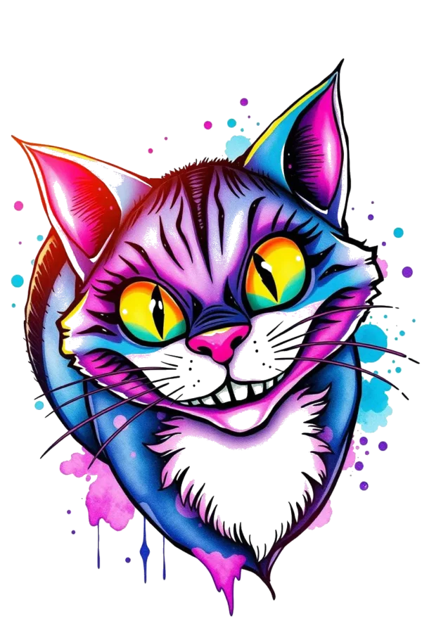 Temporary temporary tattoo design featuring a stylized Cheshire Cat with a vibrant purple, blue, and yellow face, wide yellow eyes, and a mischievous smile. Its fur showcases shades of pink and purple, while its ears are a striking blue. The cat