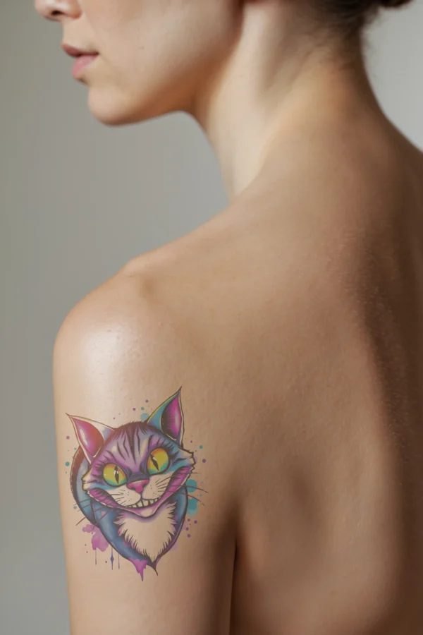 A vibrant temporary temporary tattoo of the Cheshire Cat is illustrated on a person's shoulder, showcasing a stylized face with a mischievous smile. The cat features bright yellow eyes and fur in shades of pink and purple, with blue ears. The design contrasts sharply