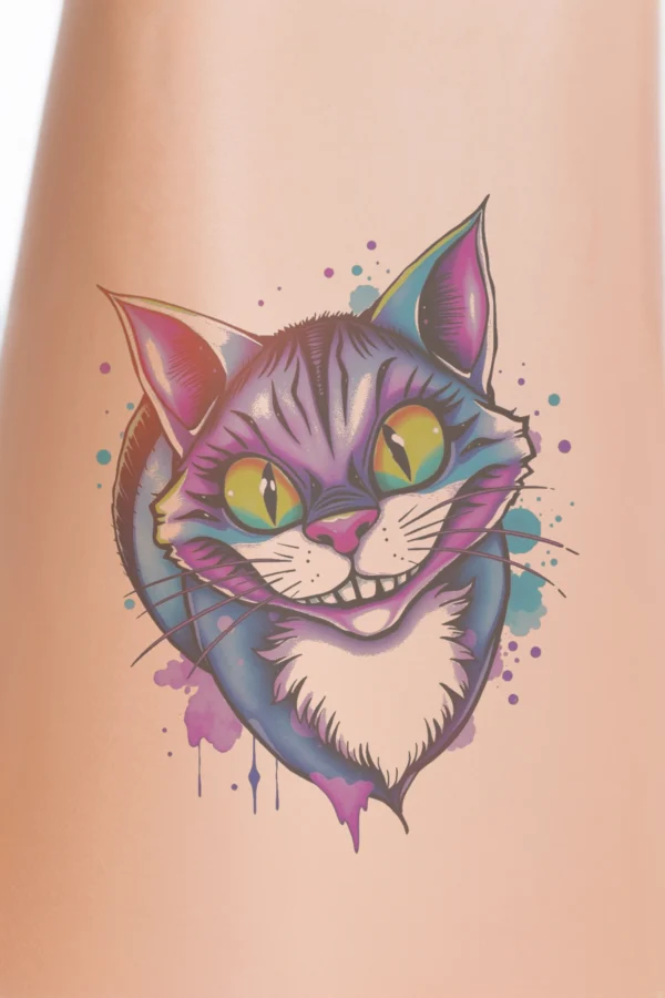 A vibrant temporary temporary tattoo design featuring a stylized Cheshire Cat with a mischievous smile. The cat's face is a blend of purple, blue, and yellow, with wide bright yellow eyes, reflecting curiosity. Its fur showcases shades of pink and purple