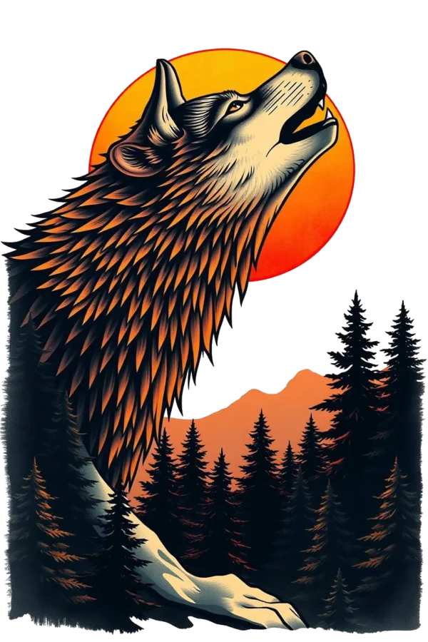 A temporary temporary tattoo design features a wolf on a snowy surface, howling with its head tilted upwards. The wolf's fur showcases a blend of orange and black, complementing its striking yellow eyes. Behind the wolf, a vibrant orange-red sun partially obsc