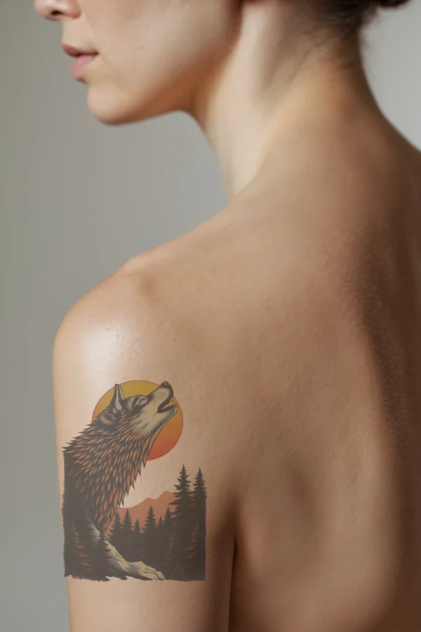 A temporary temporary tattoo on a person's shoulder features a detailed profile of a wolf standing on a snowy surface, its head tilted upwards in a howl. The wolf's fur blends shades of orange and black, with striking yellow eyes. A vibrant orange-red sun,
