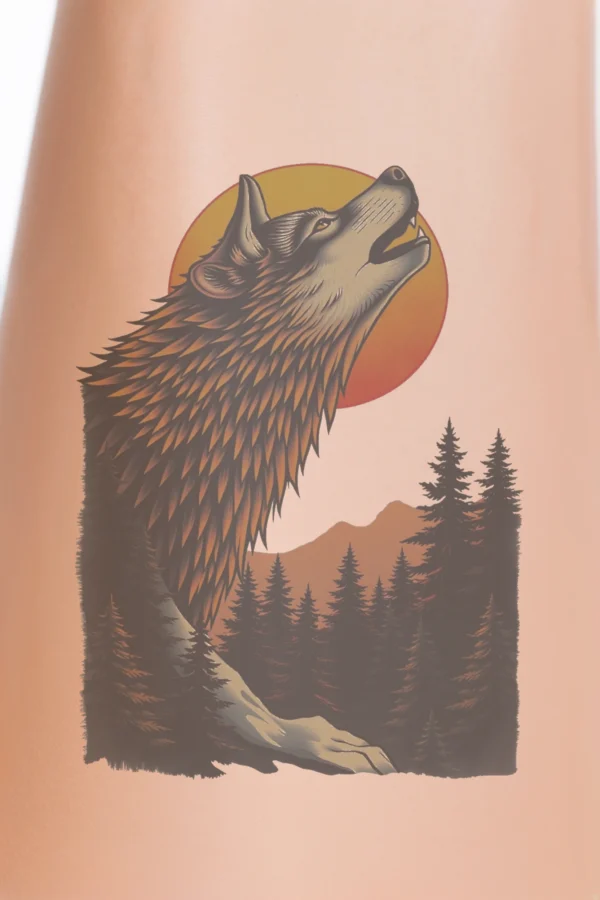 Temporary temporary tattoo design featuring a wolf standing on a snowy surface, howling with its head tilted upwards. The wolf has a mix of orange and black fur, striking yellow eyes, and dark brown or black accents. A vibrant orange-red sun partially obscures