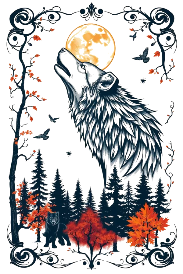 A striking temporary temporary tattoo design features a majestic wolf with black and white fur and red eyes, howling towards a large, glowing full moon. The wolf stands prominently in the center, slightly turned to the right. It is surrounded by dark silhouettes of trees