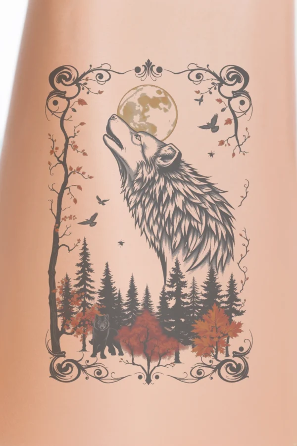 A striking temporary temporary tattoo design featuring a majestic wolf in the center, head tilted upwards as if howling at a large, glowing full moon. The wolf’s fur is a captivating blend of black and white, with piercing red eyes. It stands amidst dark