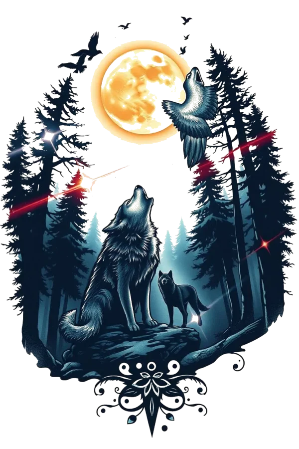 A temporary temporary tattoo design featuring a tranquil forest scene illuminated by a full moon. The moon glows in the background above a dense cluster of tall dark green coniferous trees. In the foreground, two wolves are prominently displayed: one larger wolf sits on