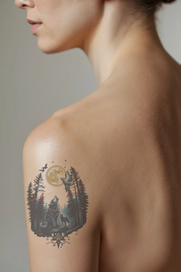 A profile view of a person's shoulder showcasing a temporary temporary tattoo of a serene forest scene. The temporary tattoo features a large, luminous full moon in a dark sky, surrounded by tall, dark green coniferous trees. Two wolves are central to the design: