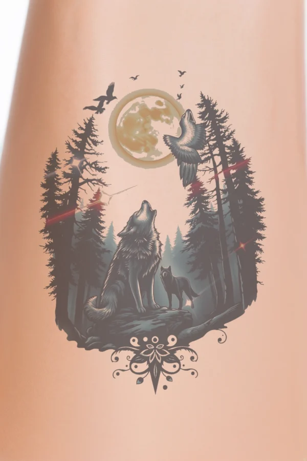A temporary temporary tattoo design featuring a tranquil forest scene under a large full moon. The moon illuminates a dense grove of tall, dark green coniferous trees. Two wolves, one larger and seated on a rock and the other standing below, are depicted