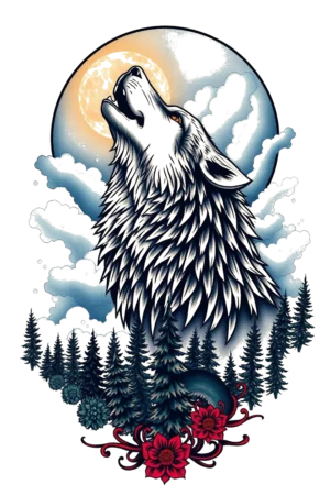 A striking temporary tattoo design featuring a wolf's head in a dynamic pose, with its mouth open as if howling. The wolf's fur is detailed and depicted in shades of gray and black, accented by vibrant red eyes that draw attention. The wolf