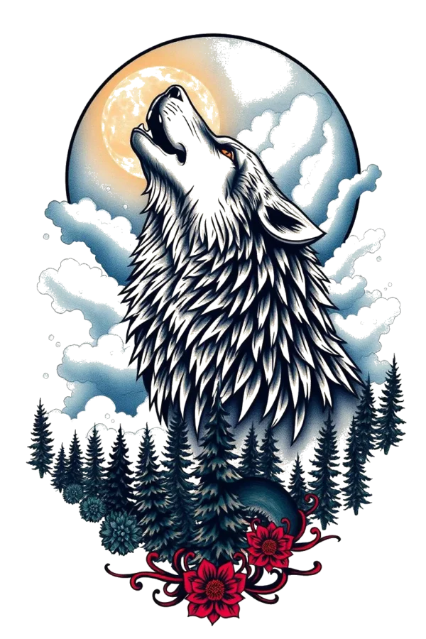 A striking temporary temporary tattoo design featuring a wolf's head in a dynamic pose, with its mouth open as if howling. The wolf's fur is detailed and depicted in shades of gray and black, accented by vibrant red eyes that draw attention. The wolf