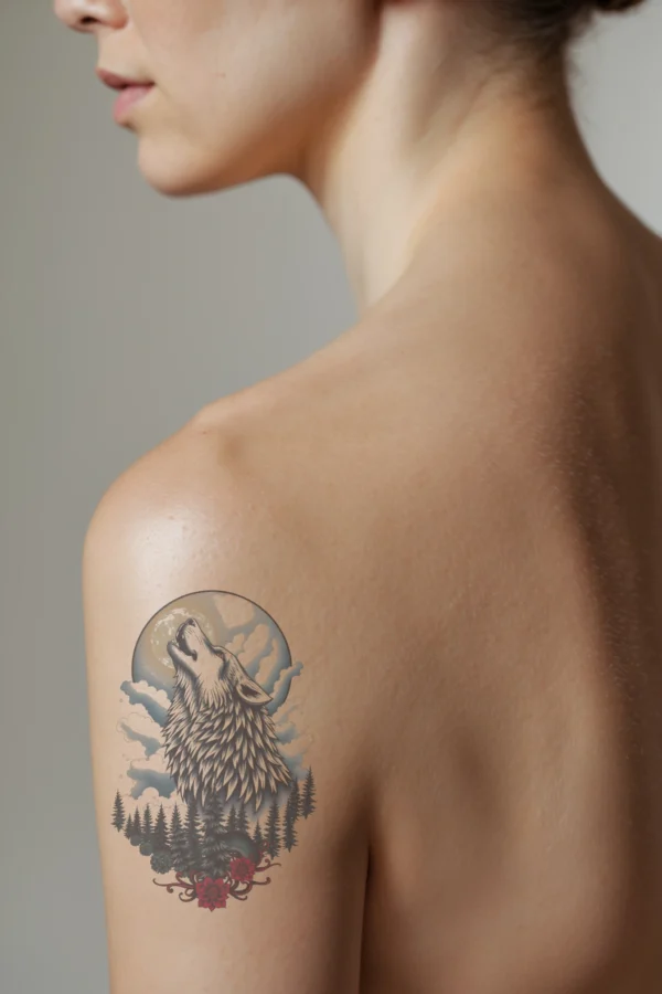 A detailed temporary temporary tattoo on a person’s shoulder features a dynamic wolf's head and neck in profile. The wolf, colored in shades of gray and black with intricate fur patterns, has its mouth open as if howling. Its bright red eyes are focused