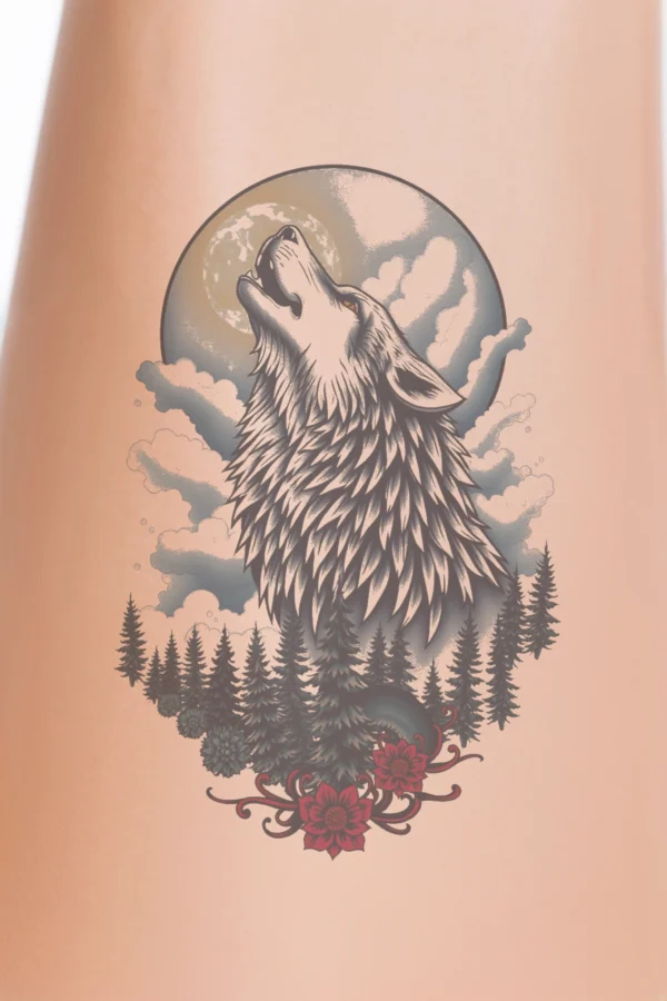 A detailed temporary temporary tattoo featuring a fierce wolf's head and neck in a dynamic pose, with its mouth open as if howling. The wolf is positioned in the upper right corner against a backdrop of a cloudy sky and a full moon. Its fur showcases