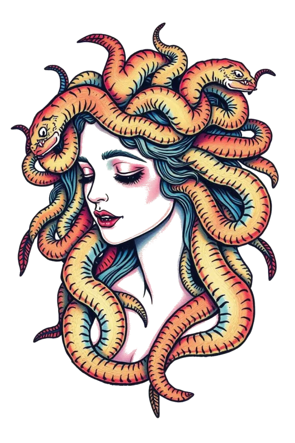 A temporary temporary tattoo featuring a stylized portrait of a serene woman with closed eyes and a peaceful expression. Her face is adorned with a soft light pink blush, complemented by a light peach to tan skin tone. She has loose, flowing hair in warm shades