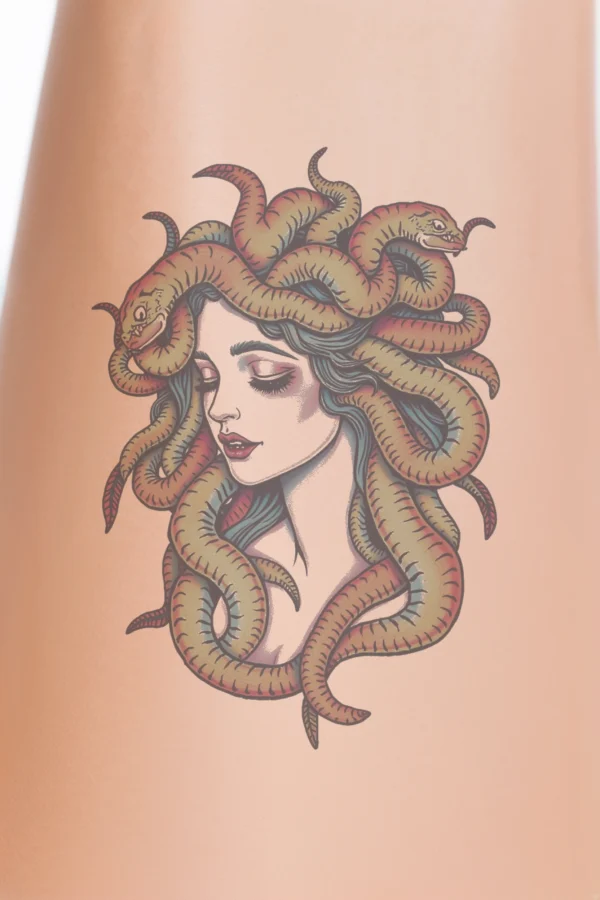 A temporary temporary tattoo featuring a stylized portrait of a serene woman with closed eyes and a peaceful expression. Her light peach skin is complemented by subtle pink blush on her cheeks. She has loose, flowing hair that blends shades of orange and yellow, creating a