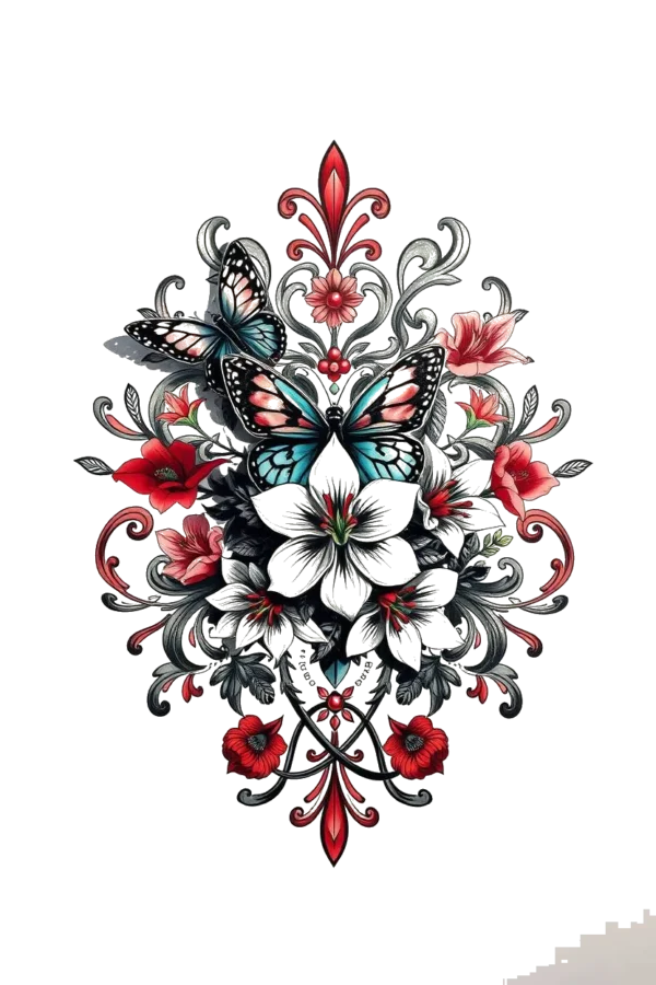 "Temporary temporary tattoo design featuring a vibrant floral arrangement with a prominent white lily and various flowers, some with dark centers, arranged symmetrically. Surrounding the flowers are butterflies in shades of blue, green, and orange, adding a dynamic touch. The