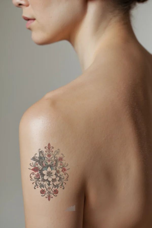 A detailed temporary temporary tattoo on a person's shoulder features a vibrant floral arrangement with a prominent white lily and various colorful flowers, including some with dark centers. Surrounding the flowers are butterflies in shades of blue, green, and orange. The symmetrical design is set