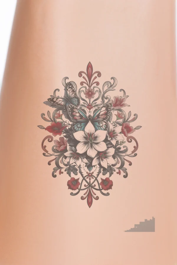Temporary temporary tattoo design featuring a vibrant floral arrangement with a prominent white lily and various flowers, some with dark centers, arranged symmetrically. Colorful butterflies in shades of blue, green, and orange surround the flowers, adding movement to the composition. The