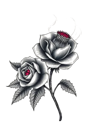 A temporary tattoo design featuring two roses on a light beige background. The larger rose on the left has a dark gray/black stem and center, with dark gray/black petals. The smaller rose on the right mirrors this with similar dark gray/black