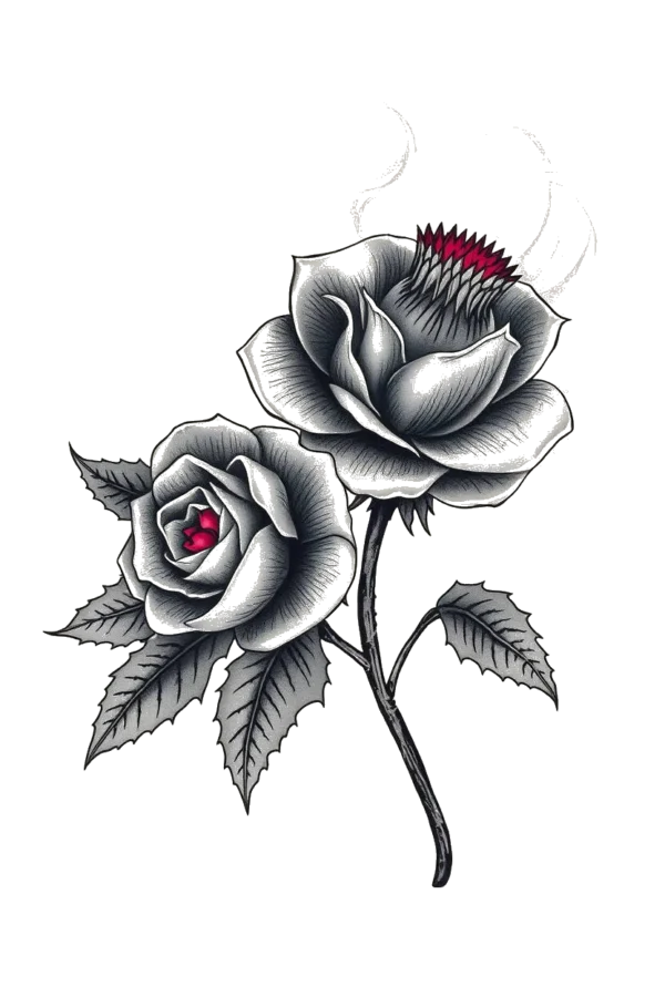 A temporary temporary tattoo design featuring two roses on a light beige background. The larger rose on the left has a dark gray/black stem and center, with dark gray/black petals. The smaller rose on the right mirrors this with similar dark gray/black