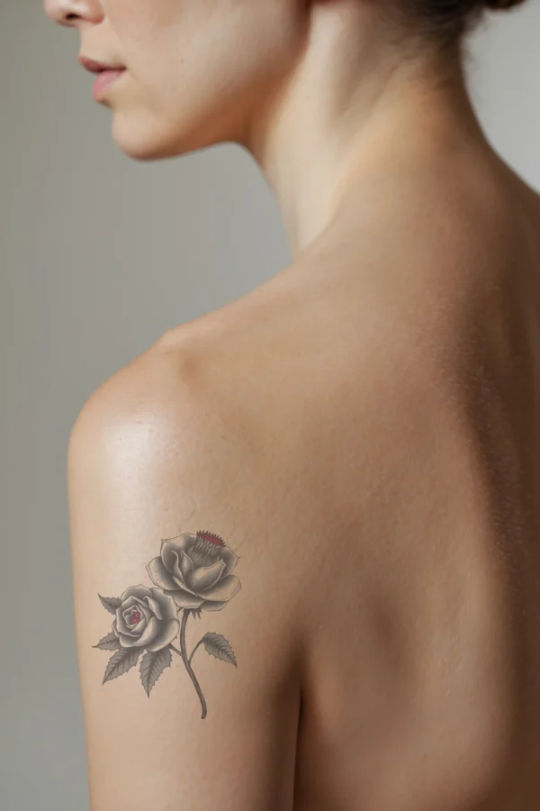A profile view of a person's shoulder featuring a temporary temporary tattoo of two roses on a light beige background. The larger rose on the left showcases dark gray and black details, including its stem, center, and petal. The smaller rose on the right mirrors