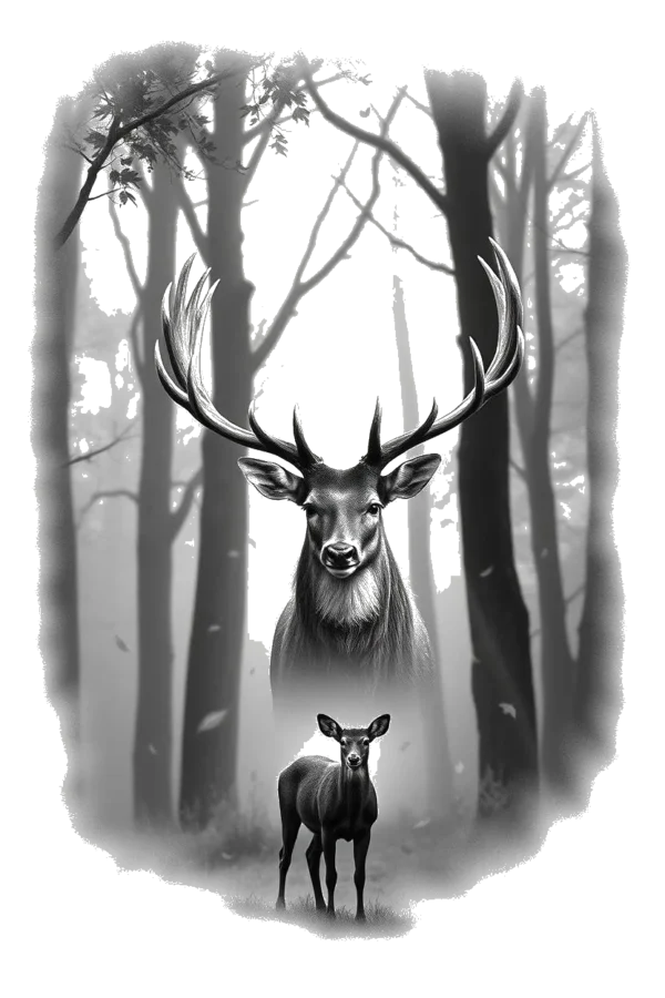 Temporary temporary tattoo design featuring a tranquil black and white forest scene. A majestic deer with large antlers stands prominently in the foreground, facing the viewer. In the background, a second deer, likely a fawn, is partially visible among the trees. The