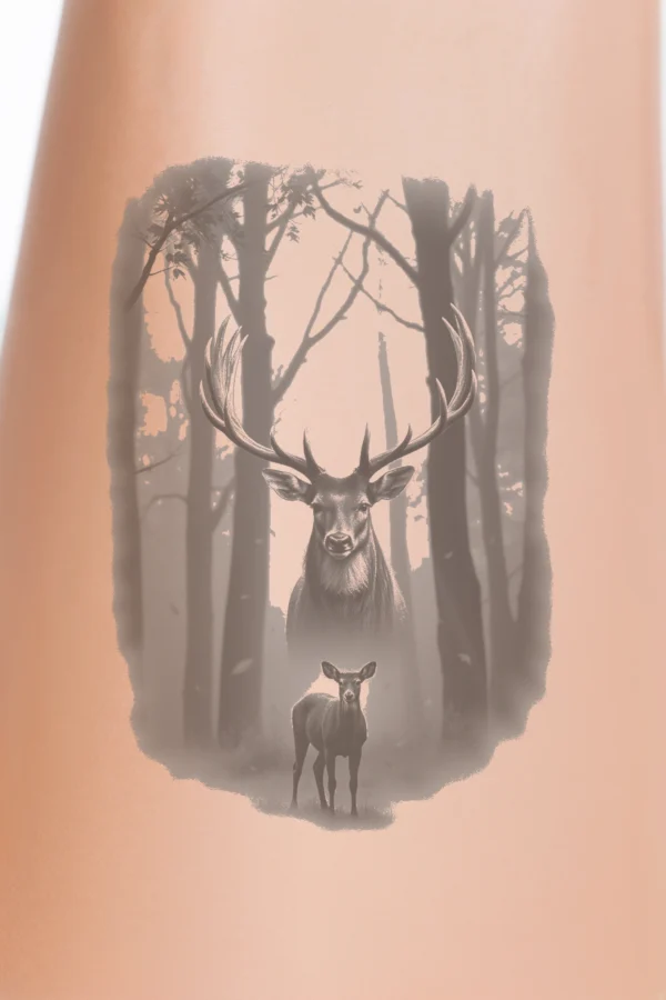 Temporary temporary tattoo design featuring a serene forest scene in black and white. A majestic deer with large antlers stands prominently in the foreground, facing the viewer. In the background, a second deer, likely a fawn, is partially visible. The forest consists