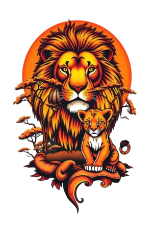 Temporary tattoo design featuring a majestic lion with a golden mane and orange body on the left, alongside its cub with orange and white fur on the right. They are set against a stylized landscape with a large orange circle in the background, resembling a sun