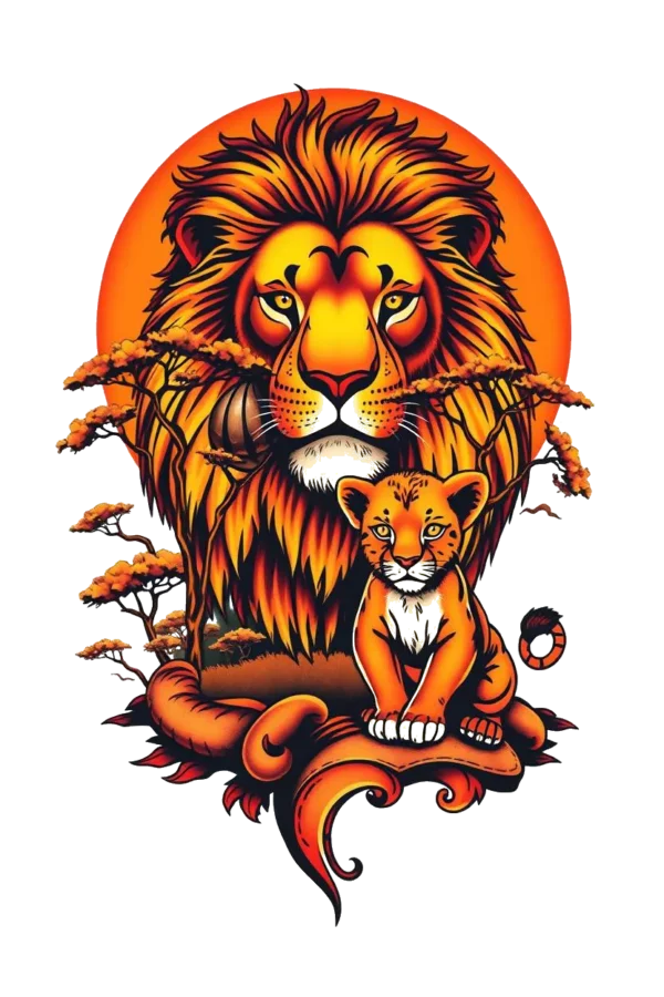 Temporary temporary tattoo design featuring a majestic lion with a golden mane and orange body on the left, alongside its cub with orange and white fur on the right. They are set against a stylized landscape with a large orange circle in the background, resembling a sun