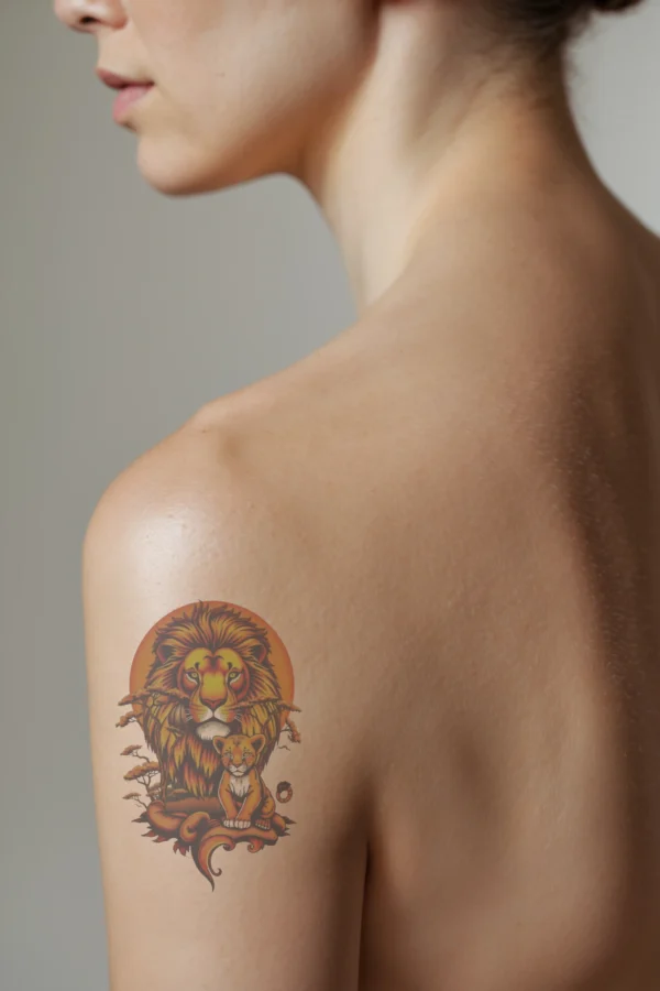 A temporary temporary tattoo on a person's shoulder features a detailed illustration of a majestic lion with a golden mane and orange body, positioned on the left, alongside its cub with orange and white fur on the right. They are set against a stylized landscape that includes