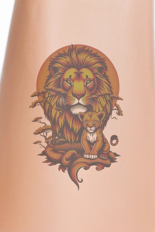 A stylized temporary temporary tattoo design featuring a majestic lion with a golden mane and orange body on the left, alongside a playful cub with orange and white fur on the right. They sit on a stylized branch against a vibrant orange background resembling a sun or