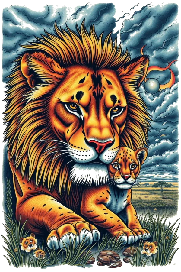 A temporary temporary tattoo design featuring a majestic lion on the left, showcasing a vibrant golden mane and a yellowish-orange body. The lion gazes to the right with striking yellowish-orange eyes. Its light orange-brown paws are visible, while its tail