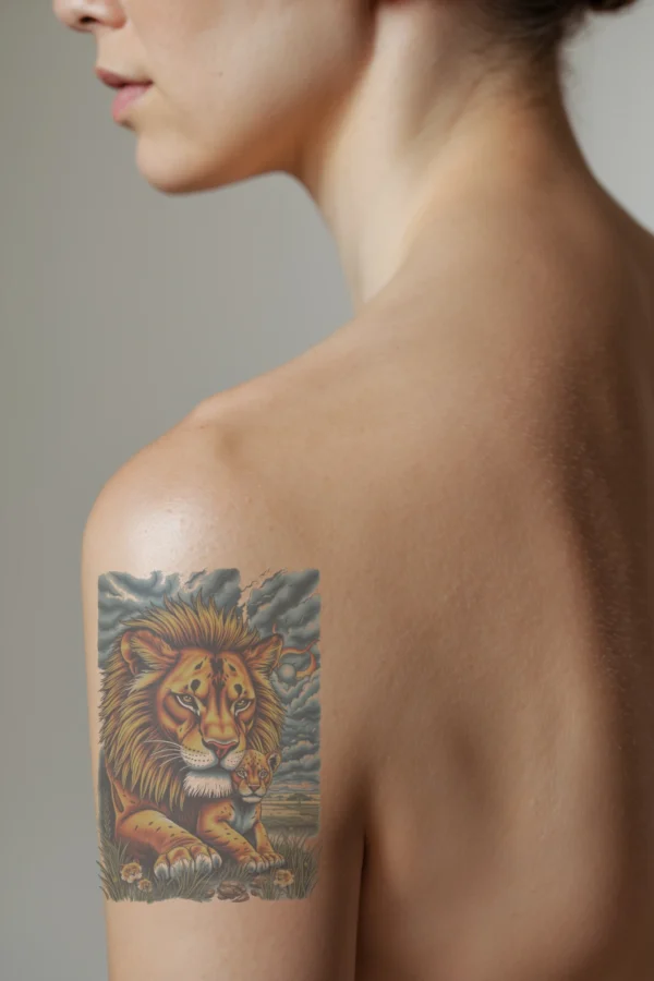 A detailed temporary temporary tattoo on a person's shoulder features a majestic lion in profile. The lion has a golden mane and a yellowish-orange body, gazing towards the right with striking yellowish-orange eyes. Its limbs are light orange-brown, and it