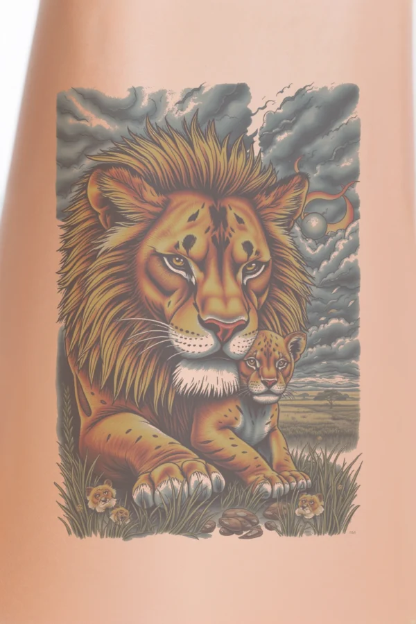 Temporary temporary tattoo design featuring a majestic lion on the left, with a vibrant golden mane and a yellowish-orange body. The lion gazes to the right, showcasing striking yellowish-orange eyes. Its light orange-brown paws rest near a lush green landscape