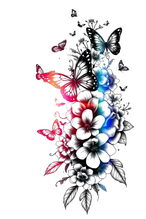 A vibrant temporary temporary tattoo design featuring a loose, cascading floral arrangement with red, pink, orange, and white flowers, as well as black and gray flowers. Set against a stark white background, the colorful blooms display intricate details and a dynamic, asymmetrical