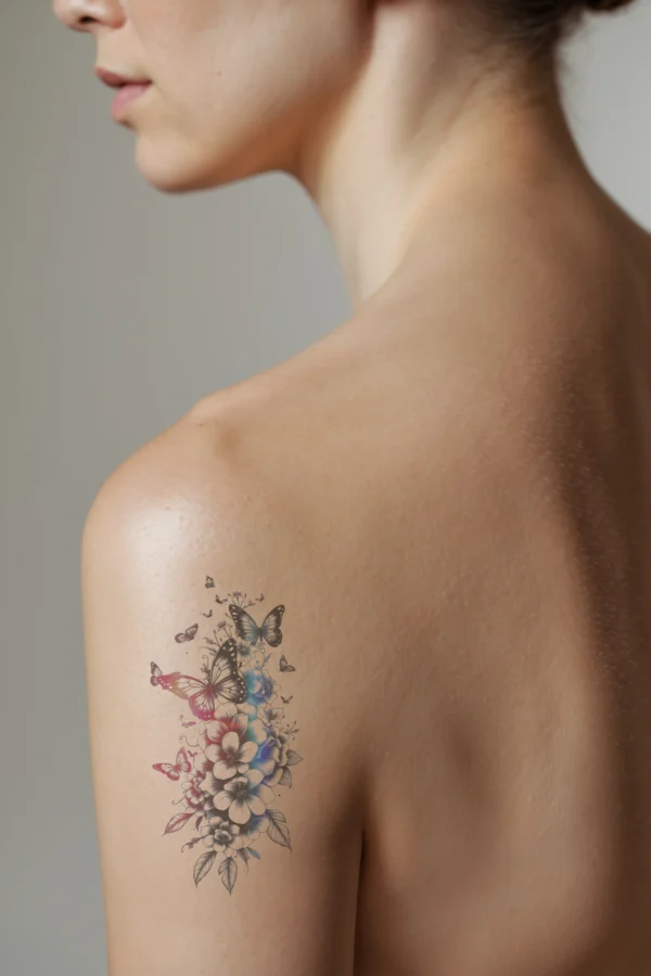 Temporary temporary tattoo featuring a vibrant floral arrangement on a person's shoulder, displaying a variety of flowers in shades of red, pink, orange, and white, alongside black and gray petals. The flowers are loosely cascading, creating a sense of movement against a stark white