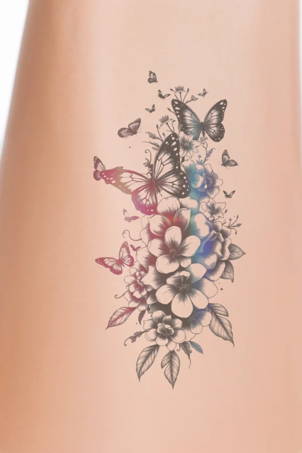 A temporary temporary tattoo design showcasing a vibrant floral arrangement featuring red, pink, orange, and white flowers, alongside black and gray blooms. The flowers are loosely arranged in a cascading style against a stark white background, enhancing their intricate details and colorful contrast. The