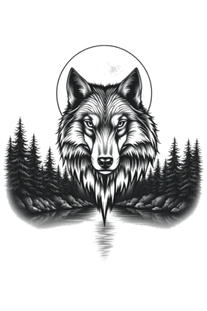 A striking black and white temporary tattoo design featuring a detailed illustration of a wolf's head and neck, with its piercing eyes looking directly at the viewer. The wolf's fur is depicted in varying shades of gray, adding depth and texture. Its neck extends