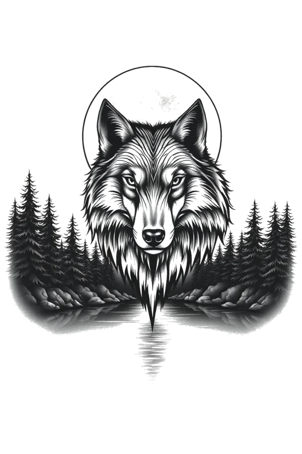 A striking black and white temporary temporary tattoo design featuring a detailed illustration of a wolf's head and neck, with its piercing eyes looking directly at the viewer. The wolf's fur is depicted in varying shades of gray, adding depth and texture. Its neck extends