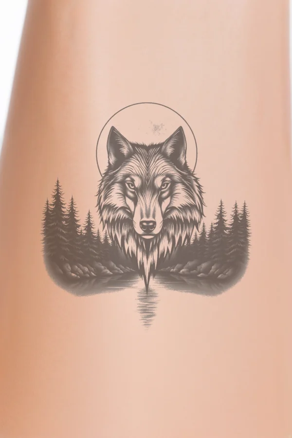 A black and white temporary temporary tattoo design featuring a detailed illustration of a wolf's head and neck. The wolf's intense eyes gaze directly at the viewer, while its fur is depicted in varying shades of gray, adding depth and texture. The neck extends to