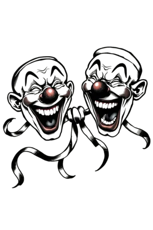 Temporary tattoo design featuring two cartoonish clown faces with exaggerated features. The left clown has a wide, open-mouthed grin, dark eyebrows, a dark nose, and wears a dark ribbon around its neck. The right clown shows a closed-mouth smile
