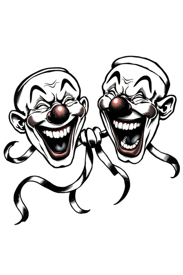 Temporary temporary tattoo design featuring two cartoonish clown faces with exaggerated features. The left clown has a wide, open-mouthed grin, dark eyebrows, a dark nose, and wears a dark ribbon around its neck. The right clown shows a closed-mouth smile