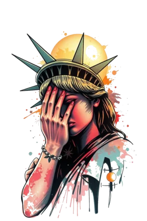 Stylized temporary tattoo of the Statue of Liberty, featuring a vibrant mix of red, yellow, and blue with accents of white and black. The iconic crown is prominent, and the statue portrays a serious expression. The right hand is raised, palm facing