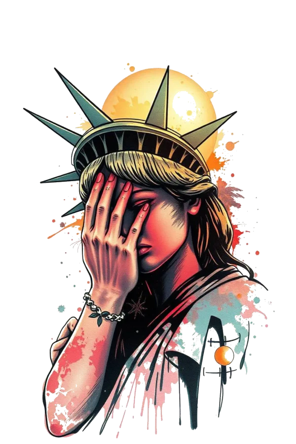 Stylized temporary temporary tattoo of the Statue of Liberty, featuring a vibrant mix of red, yellow, and blue with accents of white and black. The iconic crown is prominent, and the statue portrays a serious expression. The right hand is raised, palm facing