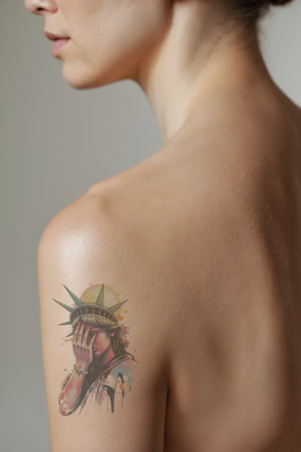 A temporary temporary tattoo on a person's shoulder features a stylized portrait of the Statue of Liberty in vibrant red, yellow, and blue, accented by splashes of white and black. The iconic crown is clearly visible, and the statue's serious expression is highlighted