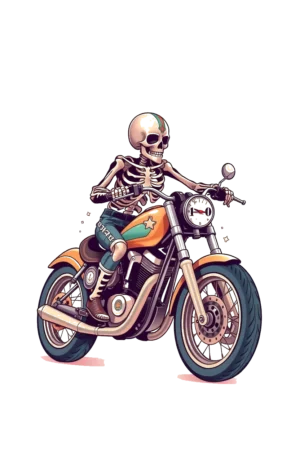 Temporary tattoo design featuring a skeleton in a blue shirt and dark pants riding an orange and black motorcycle. The skeleton sits on the left side of the motorcycle, facing right, with a white headlight and black exhaust pipe. The stark white background emphasizes the
